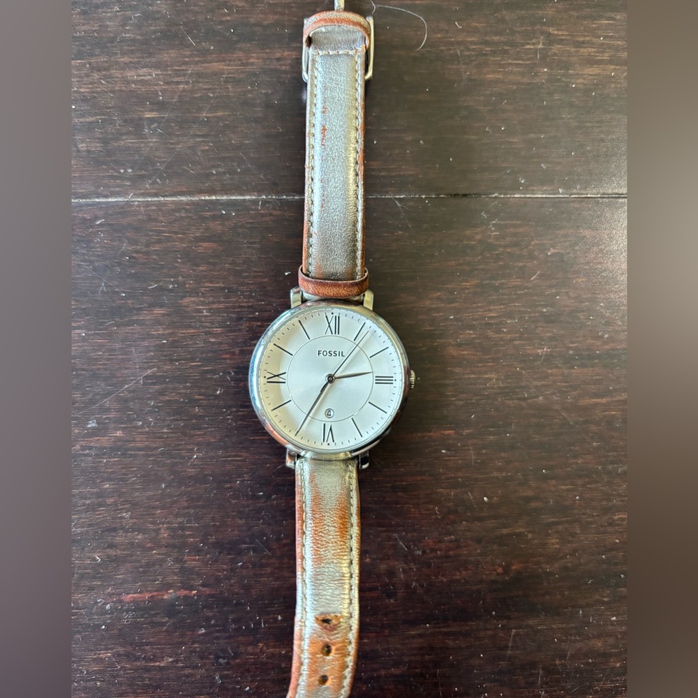 Fossil Silver Dial Watch with Leather Strap